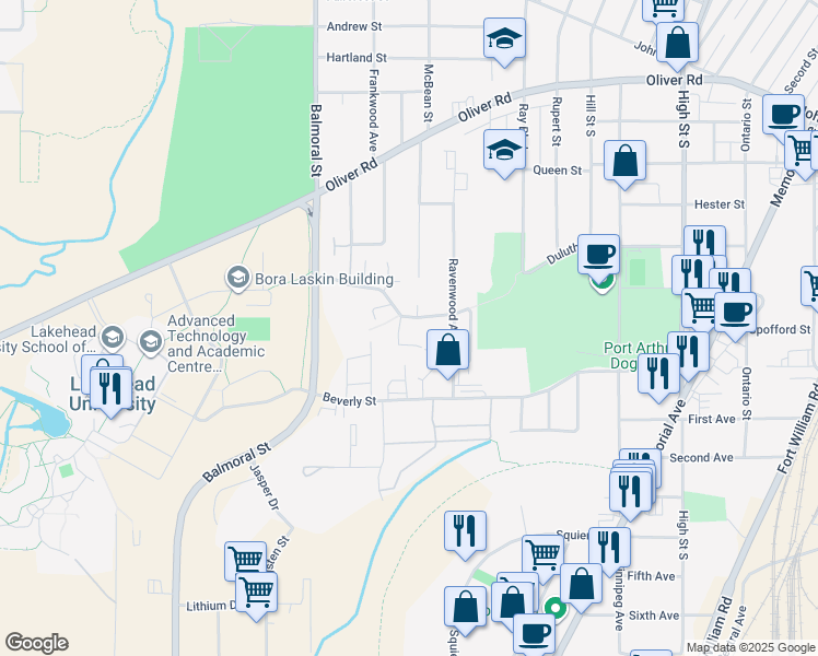 map of restaurants, bars, coffee shops, grocery stores, and more near 93 Academy Drive in Thunder Bay