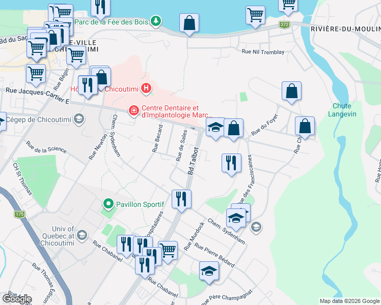 map of restaurants, bars, coffee shops, grocery stores, and more near 474 Boulevard Talbot in Saguenay