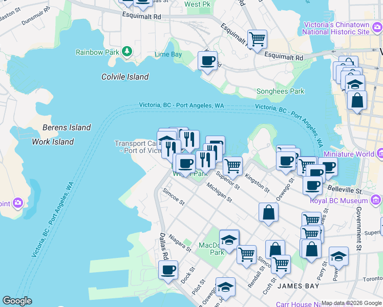 map of restaurants, bars, coffee shops, grocery stores, and more near 1 Dallas Road in Victoria