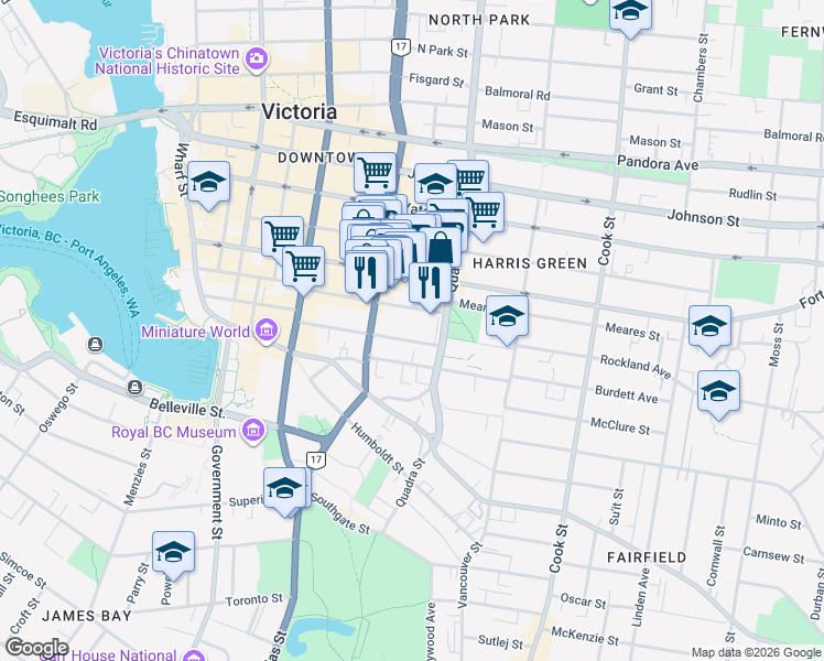 map of restaurants, bars, coffee shops, grocery stores, and more near 851 Broughton Street in Victoria
