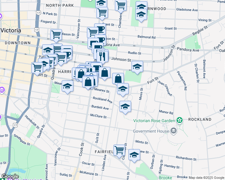 map of restaurants, bars, coffee shops, grocery stores, and more near 1060 Linden Avenue in Victoria