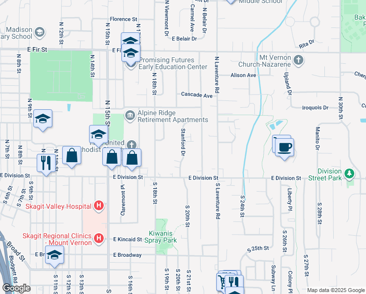 map of restaurants, bars, coffee shops, grocery stores, and more near 306 Stanford Drive in Mount Vernon