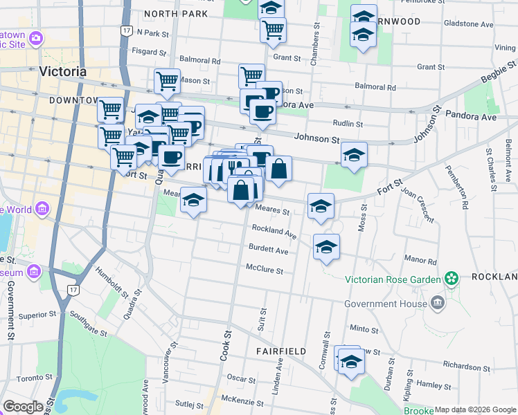 map of restaurants, bars, coffee shops, grocery stores, and more near in Victoria