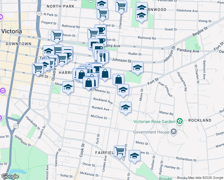 map of restaurants, bars, coffee shops, grocery stores, and more near 1060 Linden Avenue in Victoria