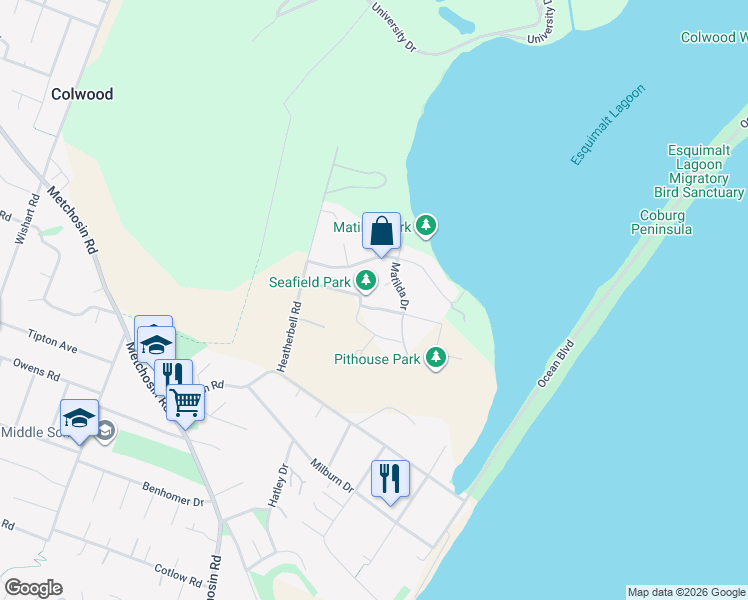 map of restaurants, bars, coffee shops, grocery stores, and more near 252 Seafield Road in Victoria