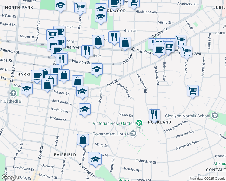 map of restaurants, bars, coffee shops, grocery stores, and more near in Victoria