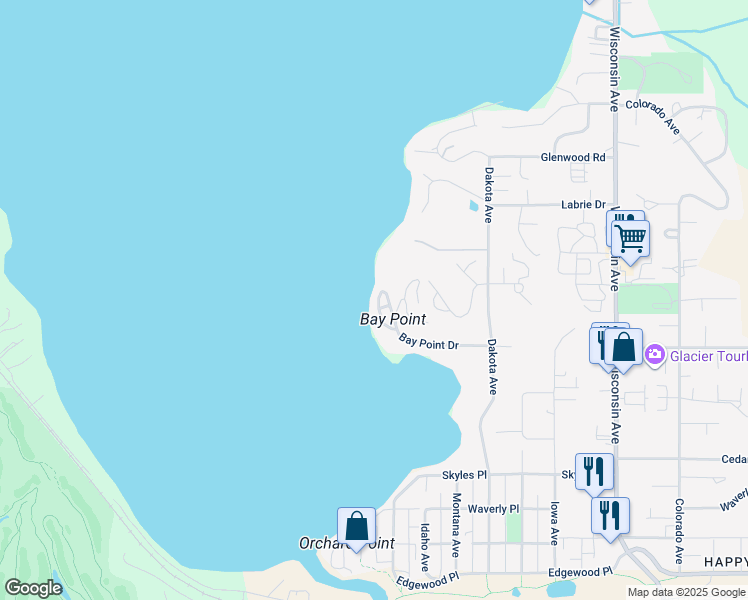 map of restaurants, bars, coffee shops, grocery stores, and more near 1 Bay Point Drive in Whitefish