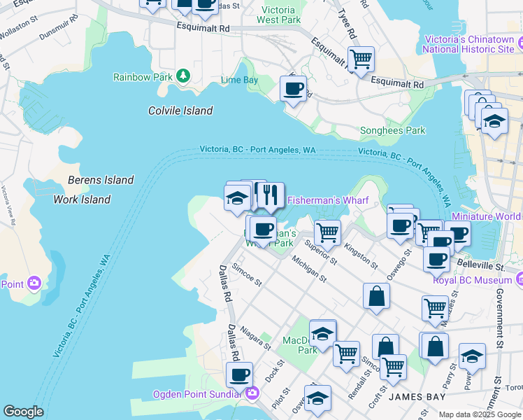 map of restaurants, bars, coffee shops, grocery stores, and more near 1 Dallas Road in Victoria