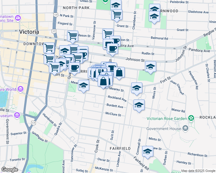 map of restaurants, bars, coffee shops, grocery stores, and more near 1025 Cook Street in Victoria