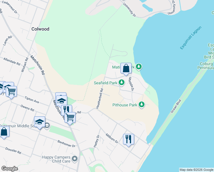 map of restaurants, bars, coffee shops, grocery stores, and more near 309 Seafield Road in Victoria
