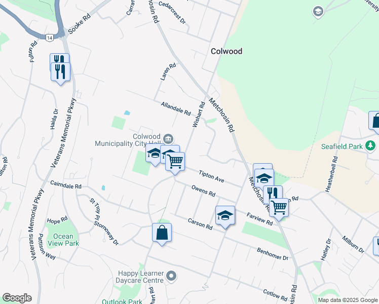 map of restaurants, bars, coffee shops, grocery stores, and more near 3275 Wishart Road in Victoria