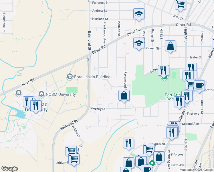 map of restaurants, bars, coffee shops, grocery stores, and more near 109 Academy Parkway in Thunder Bay