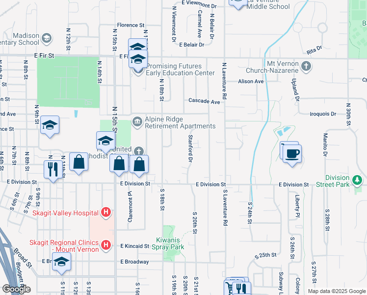 map of restaurants, bars, coffee shops, grocery stores, and more near 307 Stanford Drive in Mount Vernon