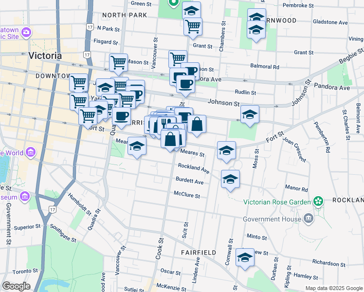 map of restaurants, bars, coffee shops, grocery stores, and more near 1025 Cook Street in Victoria