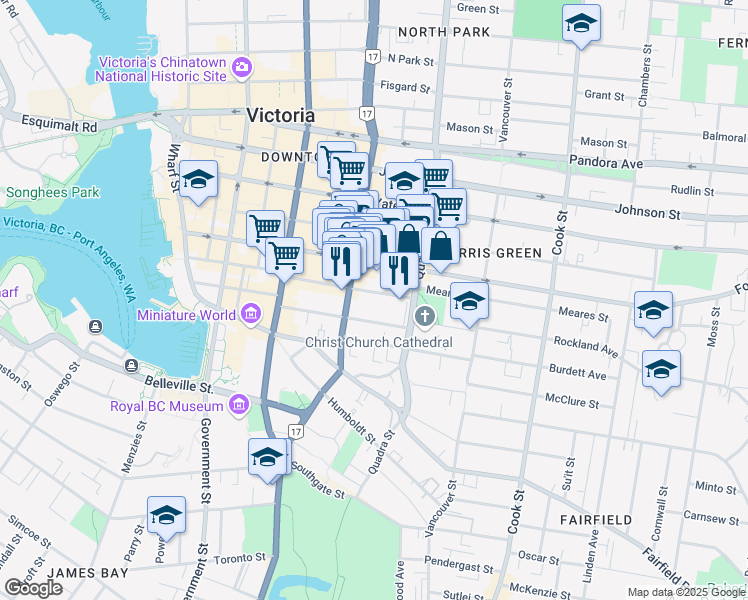 map of restaurants, bars, coffee shops, grocery stores, and more near in Victoria