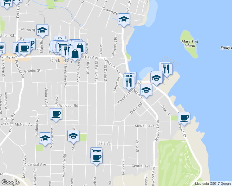 map of restaurants, bars, coffee shops, grocery stores, and more near 1197 Transit Road in Victoria