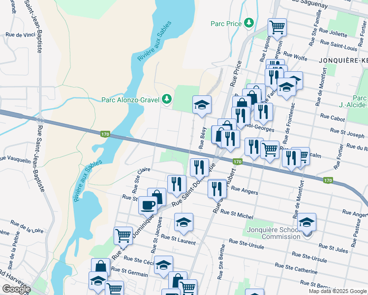 map of restaurants, bars, coffee shops, grocery stores, and more near 3780 Boulevard du Royaume in Saguenay