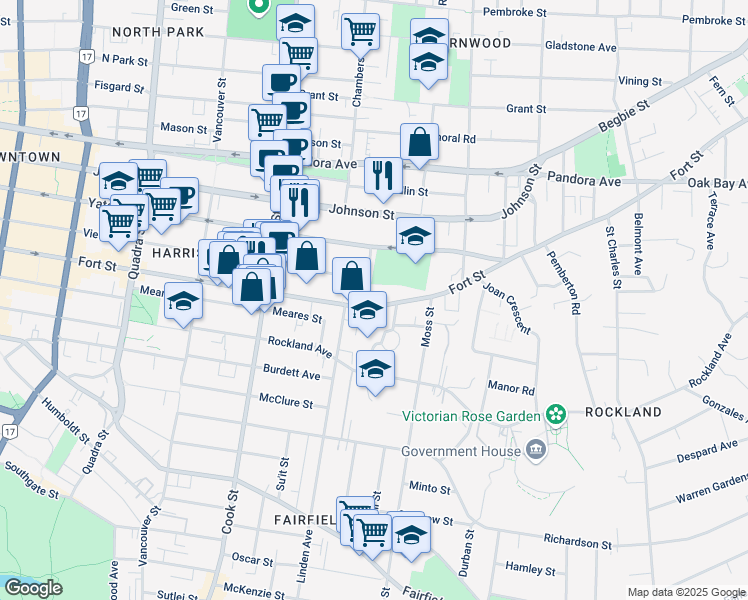 map of restaurants, bars, coffee shops, grocery stores, and more near 1208 Fort Street in Victoria