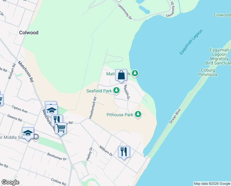 map of restaurants, bars, coffee shops, grocery stores, and more near 252 Seafield Road in Victoria