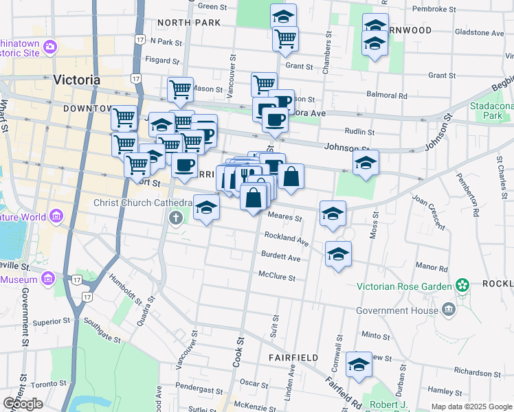 map of restaurants, bars, coffee shops, grocery stores, and more near 1025 Cook Street in Victoria