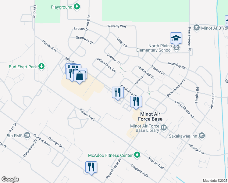 map of restaurants, bars, coffee shops, grocery stores, and more near 276 Missile Avenue in Minot Air Force Base