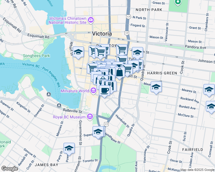 map of restaurants, bars, coffee shops, grocery stores, and more near 716 Courtney Street in Victoria