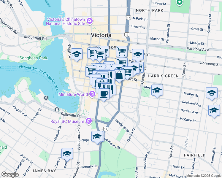 map of restaurants, bars, coffee shops, grocery stores, and more near 716 Courtney Street in Victoria