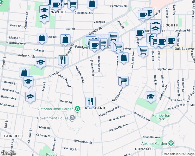 map of restaurants, bars, coffee shops, grocery stores, and more near 1501 Laurel Lane in Victoria