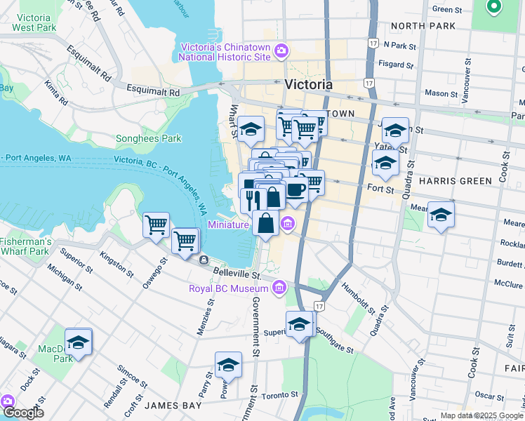 map of restaurants, bars, coffee shops, grocery stores, and more near 812 Wharf Street in Victoria