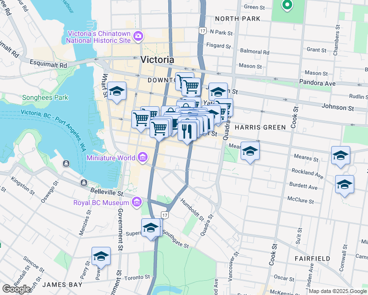 map of restaurants, bars, coffee shops, grocery stores, and more near 970 Blanshard Street in Victoria