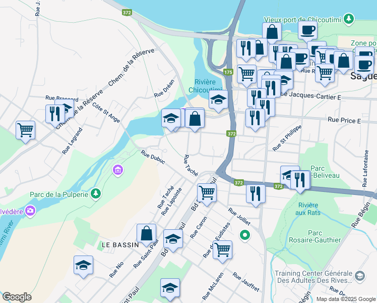 map of restaurants, bars, coffee shops, grocery stores, and more near 517 Rue Taché in Saguenay