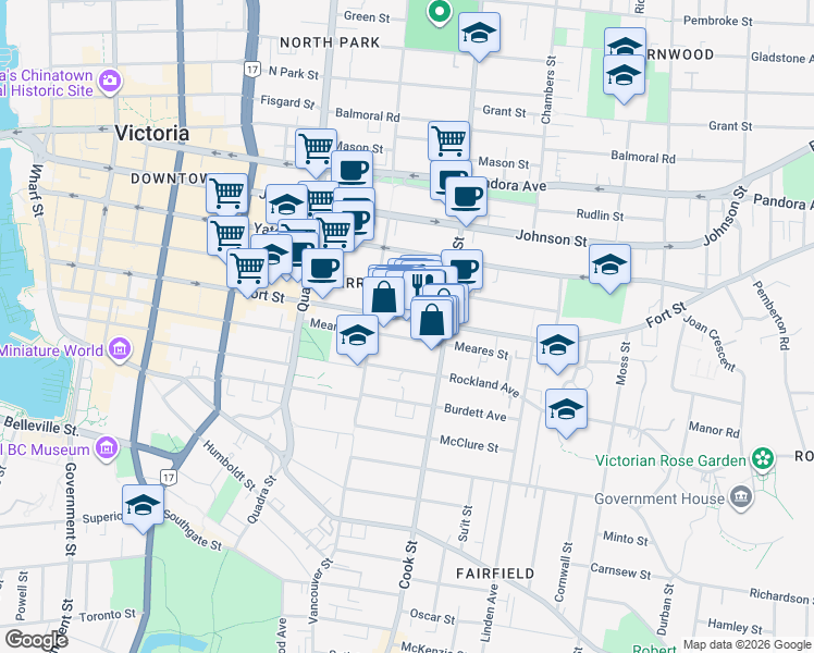 map of restaurants, bars, coffee shops, grocery stores, and more near in Victoria