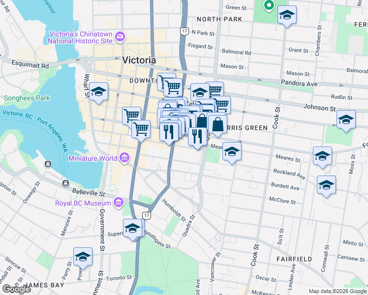 map of restaurants, bars, coffee shops, grocery stores, and more near in Victoria
