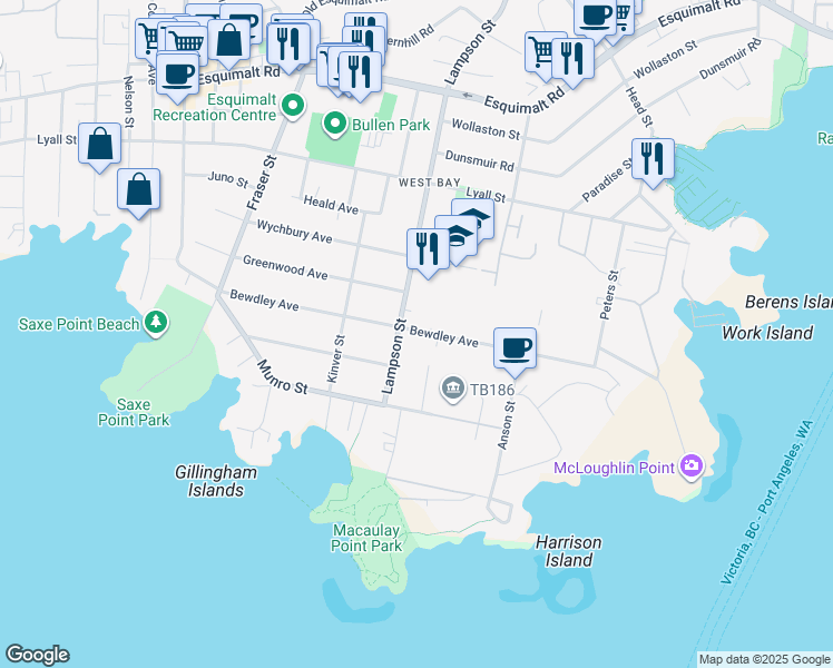 map of restaurants, bars, coffee shops, grocery stores, and more near 1043 Bewdley Avenue in Victoria