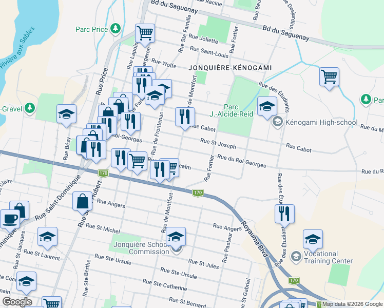 map of restaurants, bars, coffee shops, grocery stores, and more near 3621 Rue du Roi-Georges in Saguenay