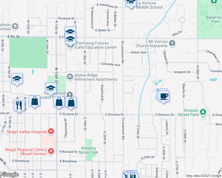 map of restaurants, bars, coffee shops, grocery stores, and more near 325 North 21st Street in Mount Vernon