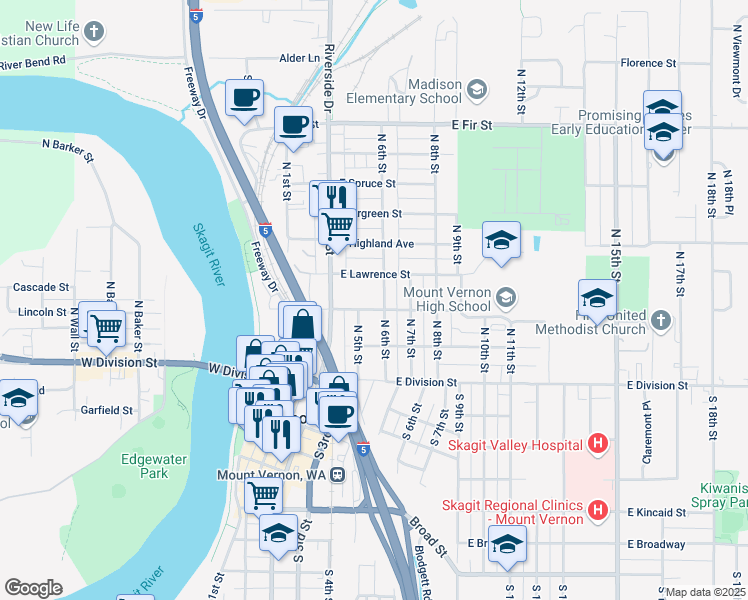 map of restaurants, bars, coffee shops, grocery stores, and more near 215 East Fulton Street in Mount Vernon