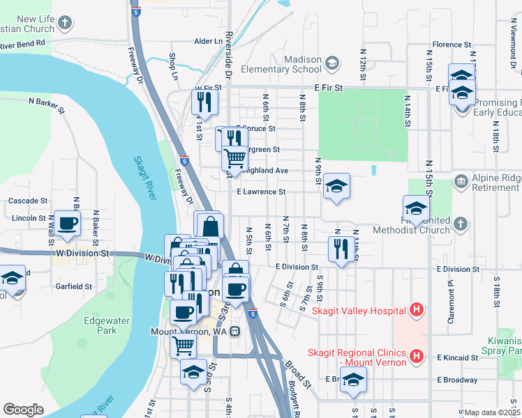 map of restaurants, bars, coffee shops, grocery stores, and more near 215 East Fulton Street in Mount Vernon