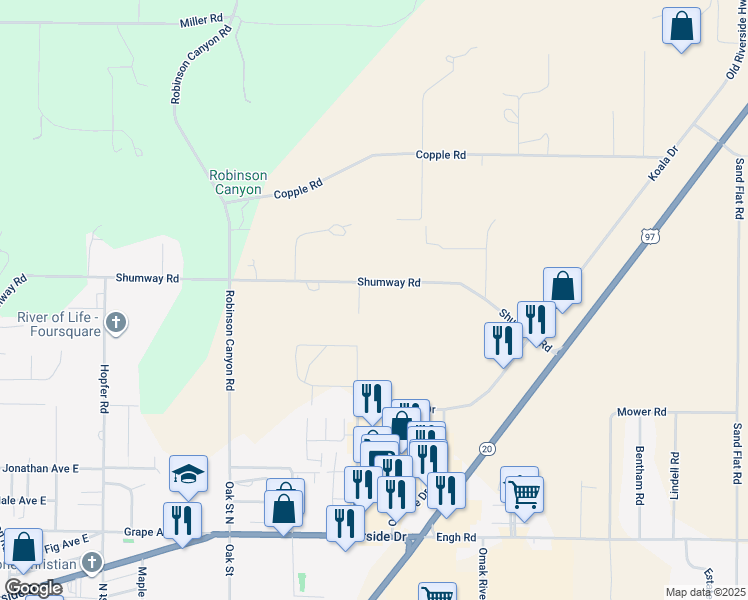 map of restaurants, bars, coffee shops, grocery stores, and more near 806 Shumway Road in Omak