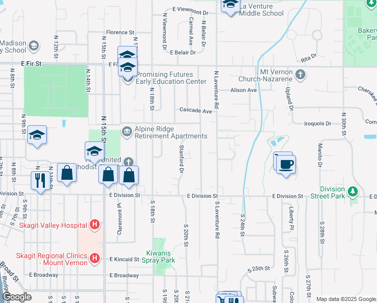map of restaurants, bars, coffee shops, grocery stores, and more near 306 Stanford Drive in Mount Vernon