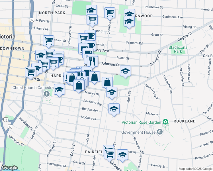 map of restaurants, bars, coffee shops, grocery stores, and more near 1060 Linden Avenue in Victoria