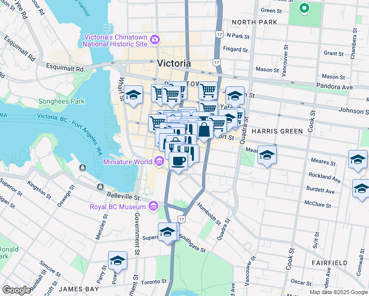 map of restaurants, bars, coffee shops, grocery stores, and more near 711 Broughton Street in Victoria