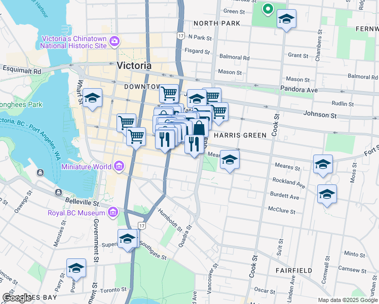 map of restaurants, bars, coffee shops, grocery stores, and more near 838 Broughton Street in Victoria