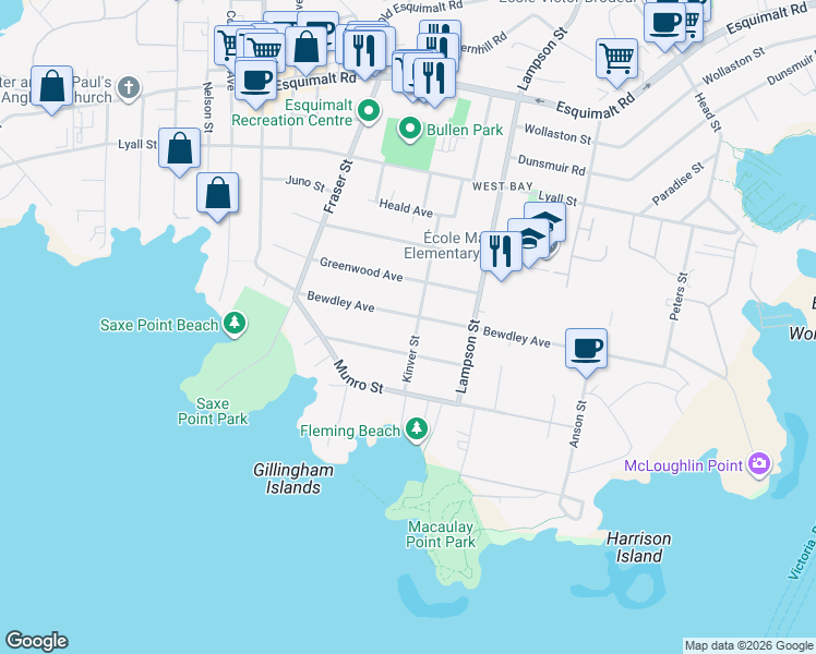 map of restaurants, bars, coffee shops, grocery stores, and more near 380 Kinver Street in Victoria