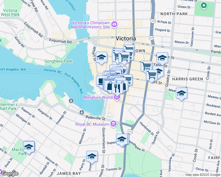 map of restaurants, bars, coffee shops, grocery stores, and more near 625 Courtney Street in Victoria
