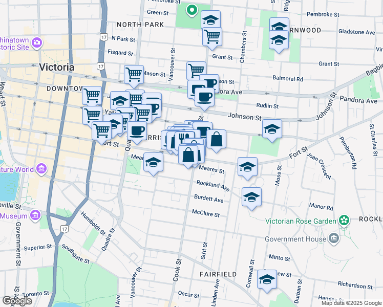 map of restaurants, bars, coffee shops, grocery stores, and more near 1025 Cook Street in Victoria