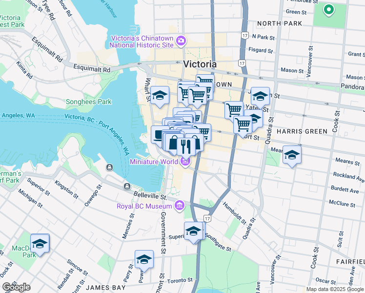 map of restaurants, bars, coffee shops, grocery stores, and more near 625 Courtney Street in Victoria