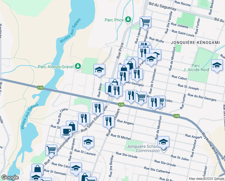 map of restaurants, bars, coffee shops, grocery stores, and more near 3761 Boulevard du Royaume in Saguenay