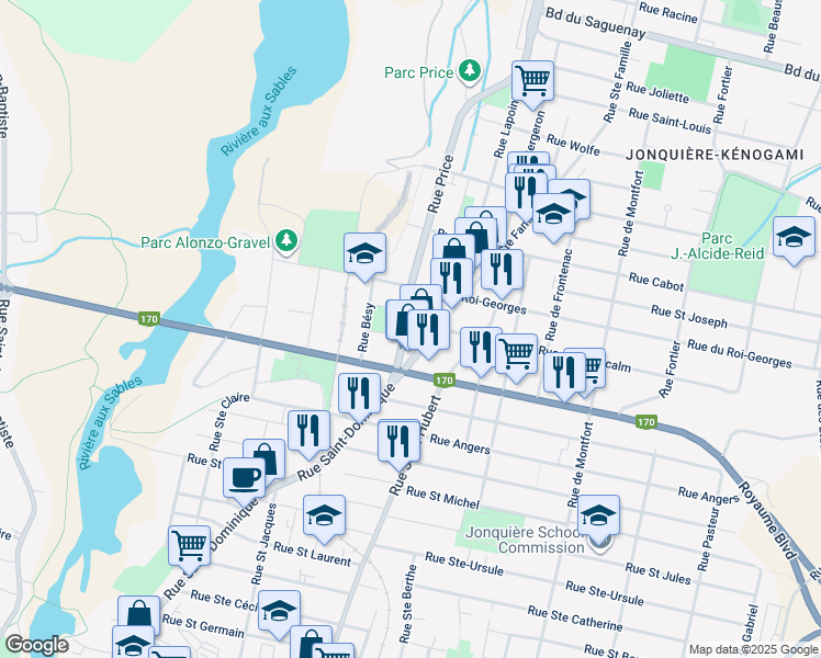 map of restaurants, bars, coffee shops, grocery stores, and more near 3761 Boulevard du Royaume in Saguenay