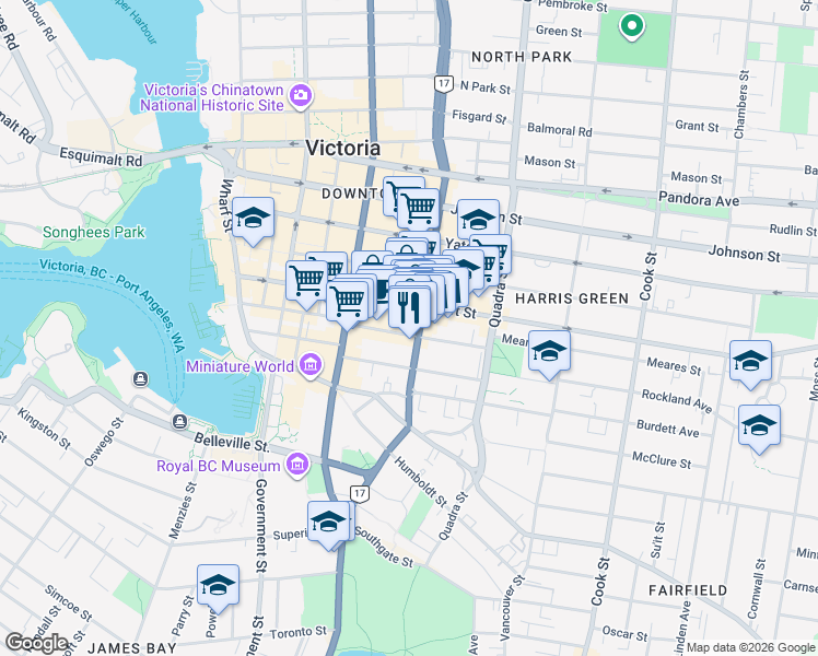 map of restaurants, bars, coffee shops, grocery stores, and more near 970 Blanshard Street in Victoria